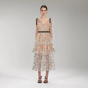 SELF-PORTRAIT Star Mesh Embroidered Midi Dress - US 6